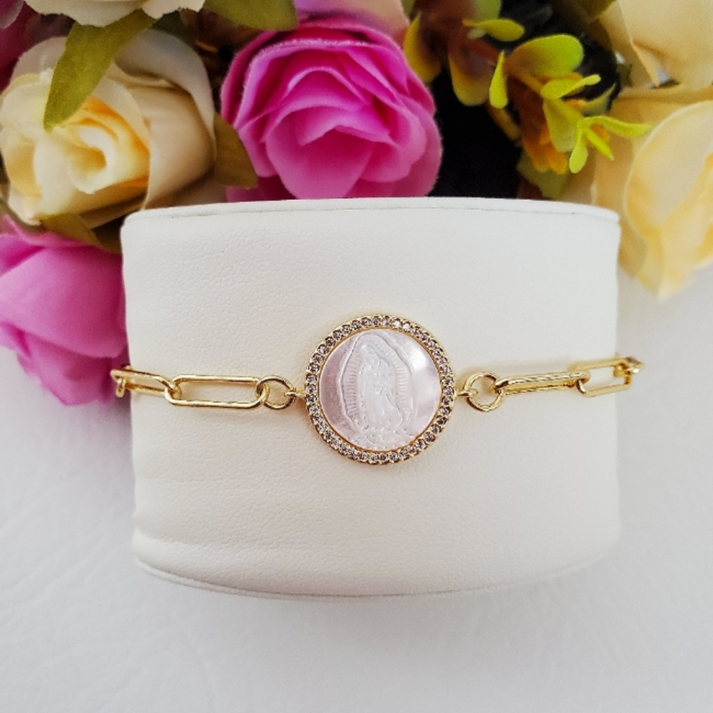 Lady of Guadalupe Pearl Paper Clip Chain Gold Plated Bracelet